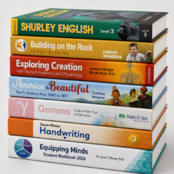 Colorful stack of 3rd-5th grade curriculum books and student workbooks
