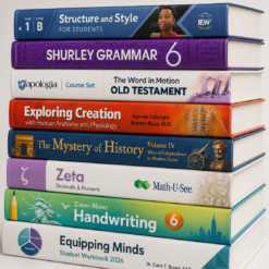 Stack of colorful homeschool textbooks and student workbooks for 6th-8th grade curriculum, including English, math, handwriting, and reading books
