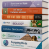 High school homeschool curriculum books stacked with biology, geometry, geography, and English workbooks