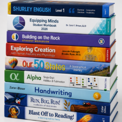 Stack of colorful homeschool textbooks and student workbooks for kindergarten to 2nd grade curriculum, including English, math, handwriting, geography, anatomy, and reading books.